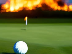 Golfball auf einem Golfplatz, im Hintergrund ist undeutlich ein Feuer zu sehen.